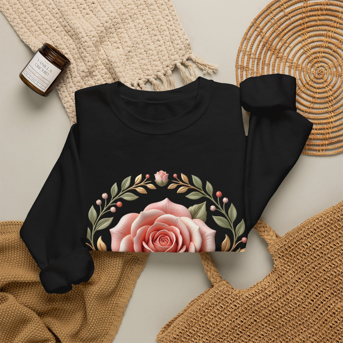 Rose Wreath Crewneck Sweatshirt — Vintage Floral Rose Pullover