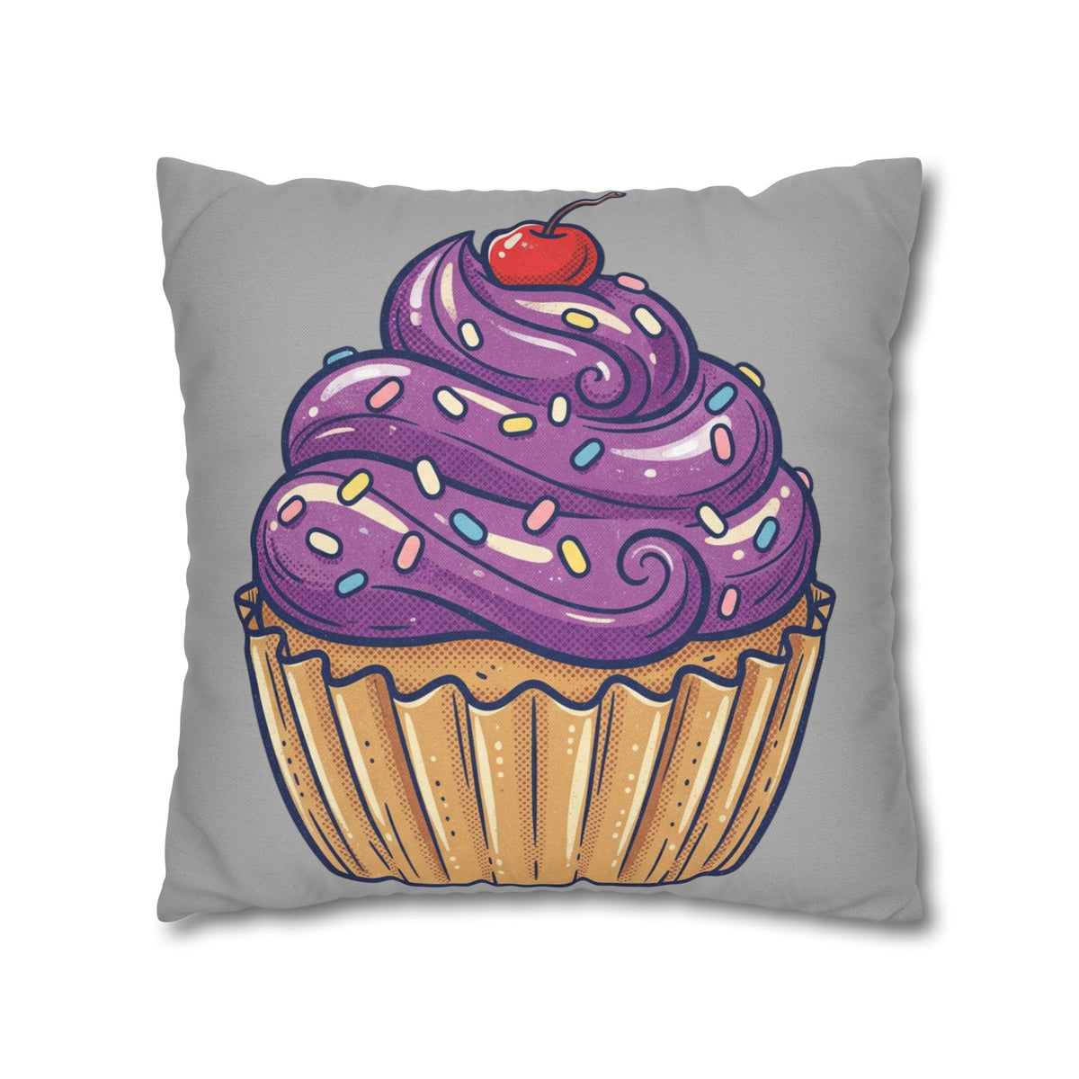 Cupcake Cushion Cover — Purple Frosting Dessert Pillowcase- Light Grey