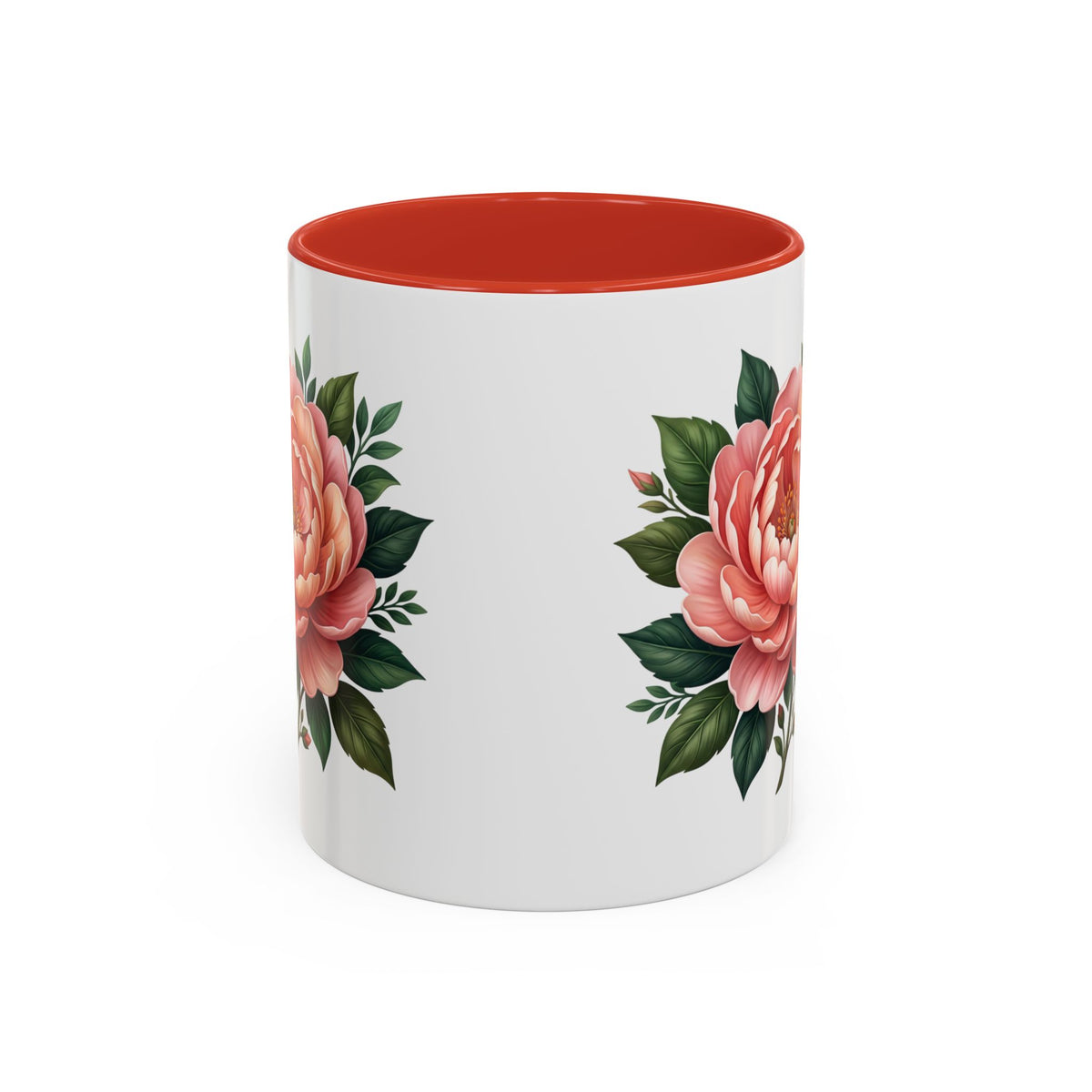 Floral Peony Accent Coffee Mug — Pink Rose Bloom Ceramic Cup