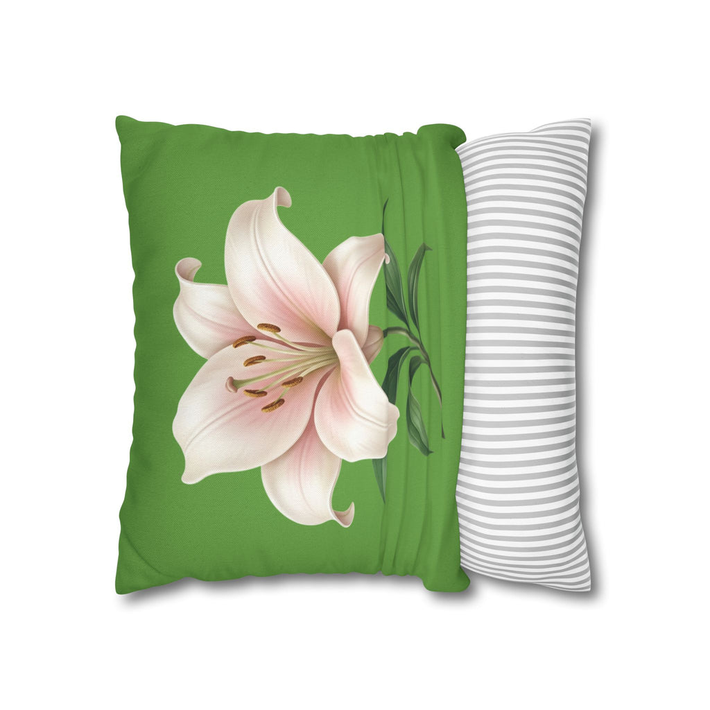 Pink Lily Floral Pillowcase — Green Square Decorative Pillow Cover