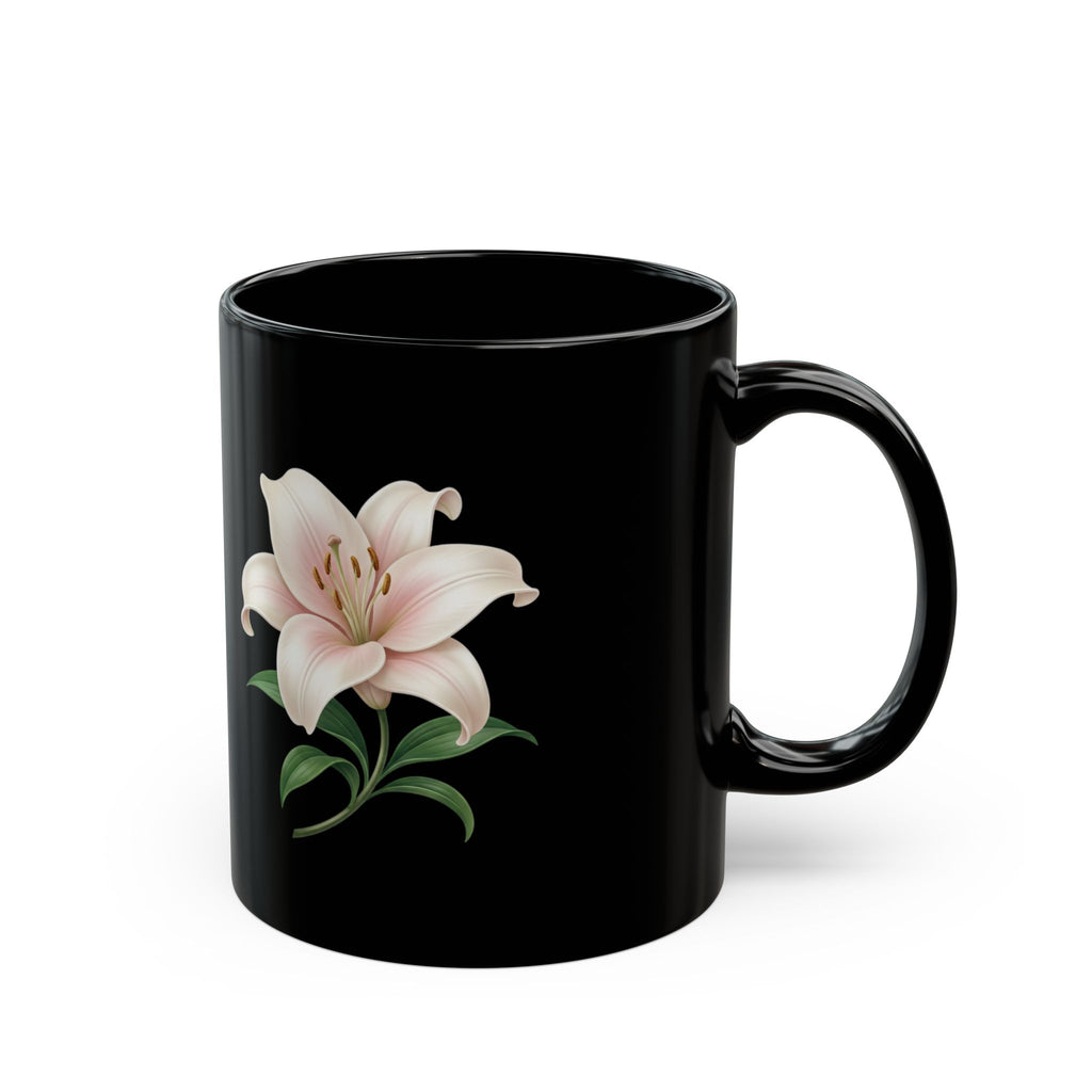 Black Floral Lily Mug — Elegant Pink Lily Coffee Cup (11oz & 15oz)