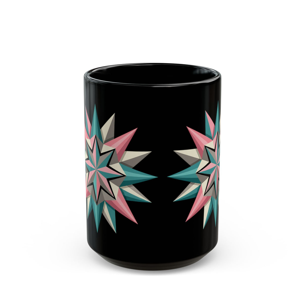 Geometric Starburst Black Coffee Mug — Retro Teal & Pink 11oz/15oz