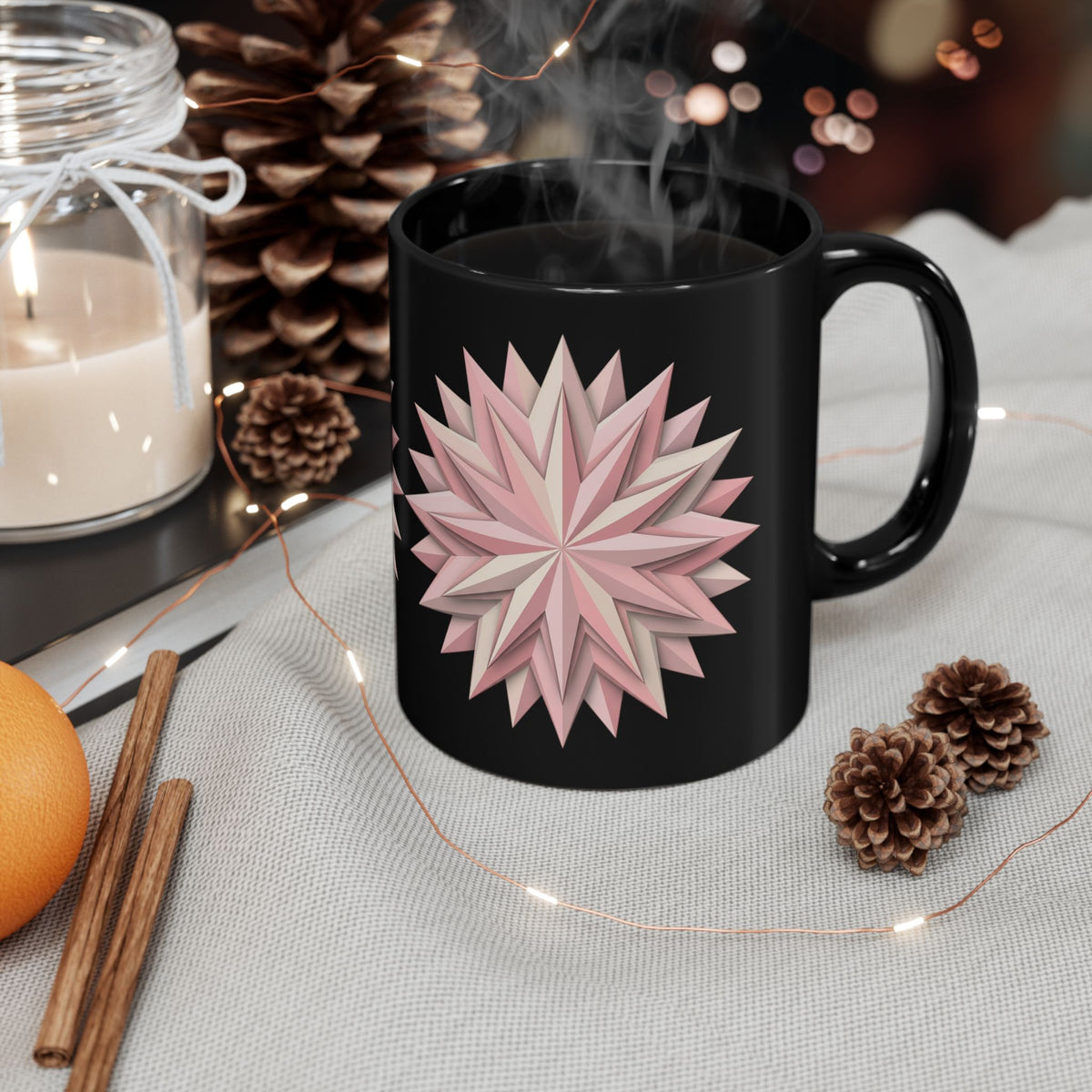 Pink Geometric Star Mug — Black Ceramic Coffee Cup (11oz & 15oz)
