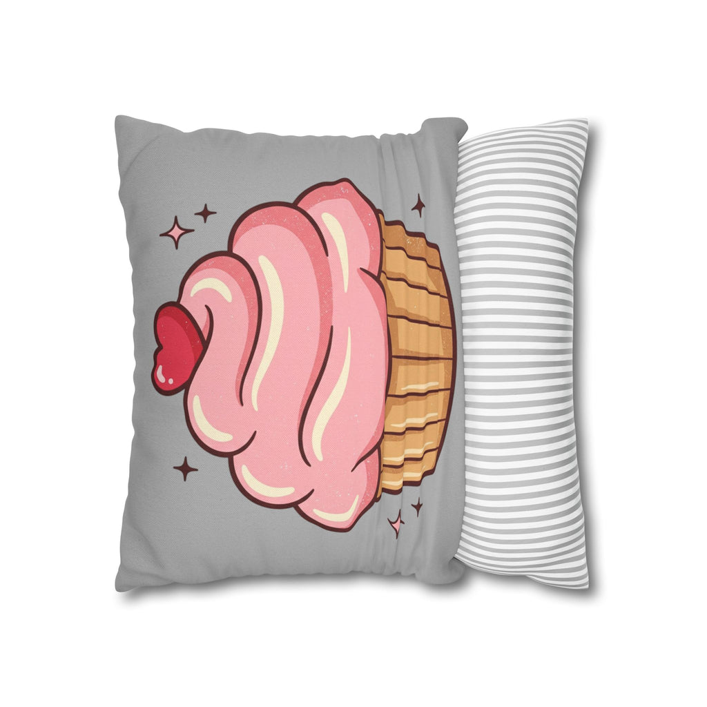 Pink Cupcake Spun Polyester Square Pillowcase- Light Grey