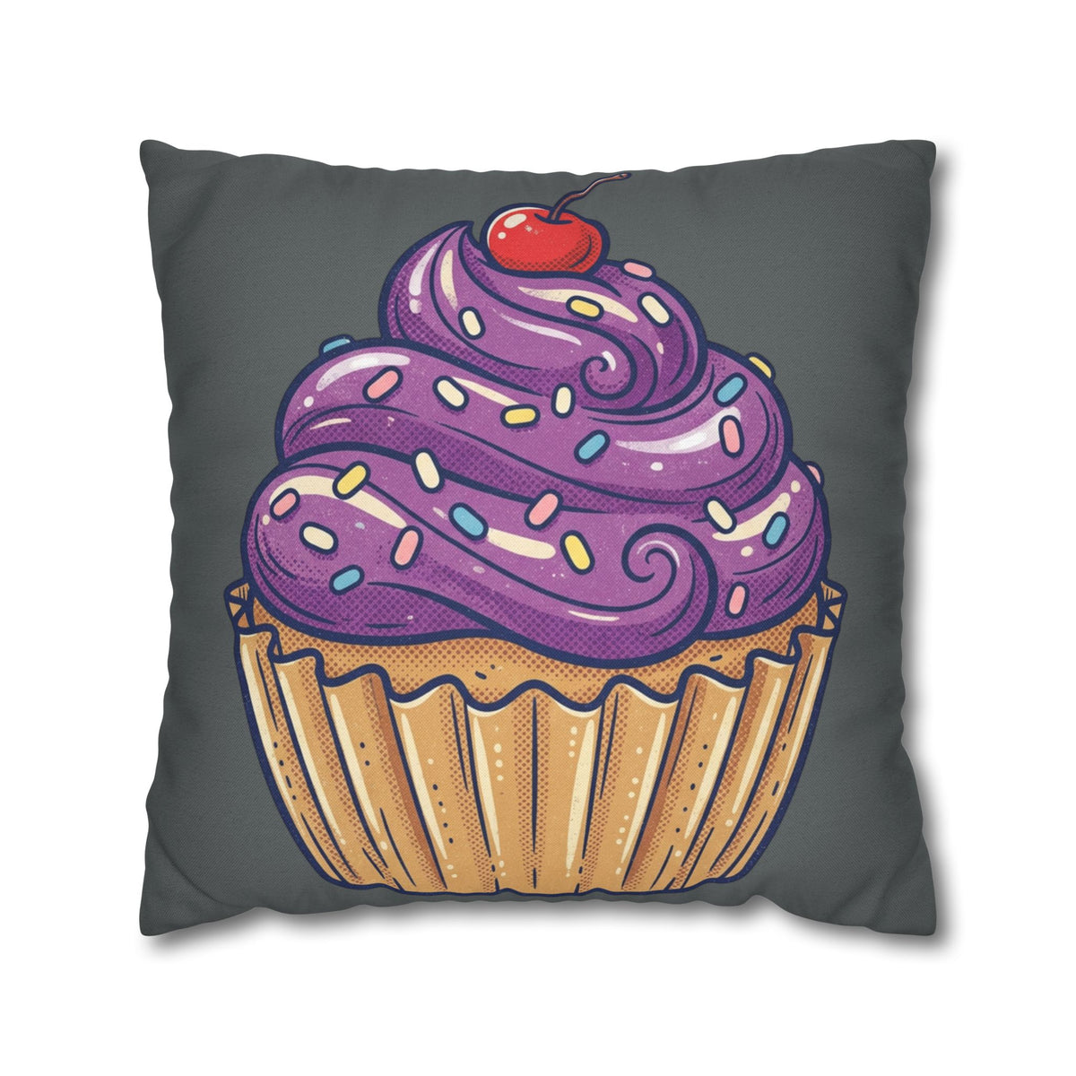 Cupcake Pillowcase — Whimsical Purple Frosting Decorative Throw Pillow- Dark Grey