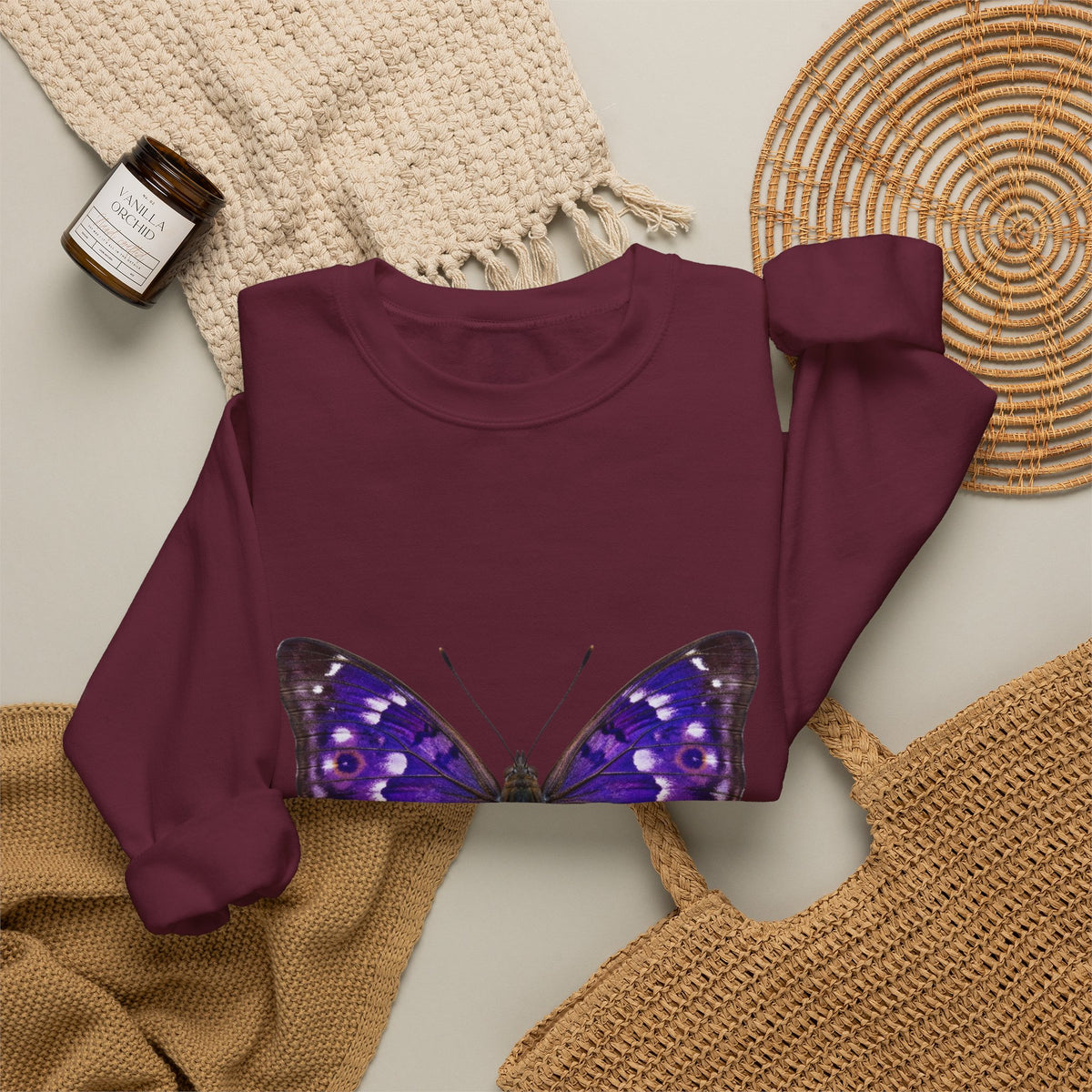 Purple Butterfly Crewneck Sweatshirt — Vibrant Nature Graphic Pullover