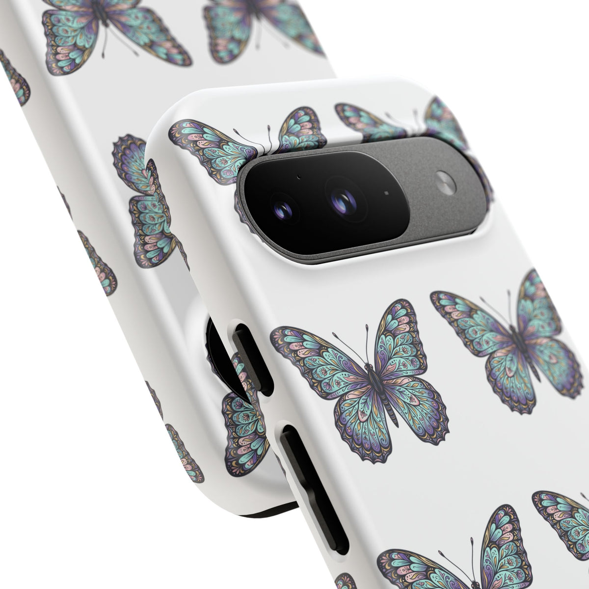 Butterfly Pattern Tough Phone Case — Vintage Teal Floral Protective Cover