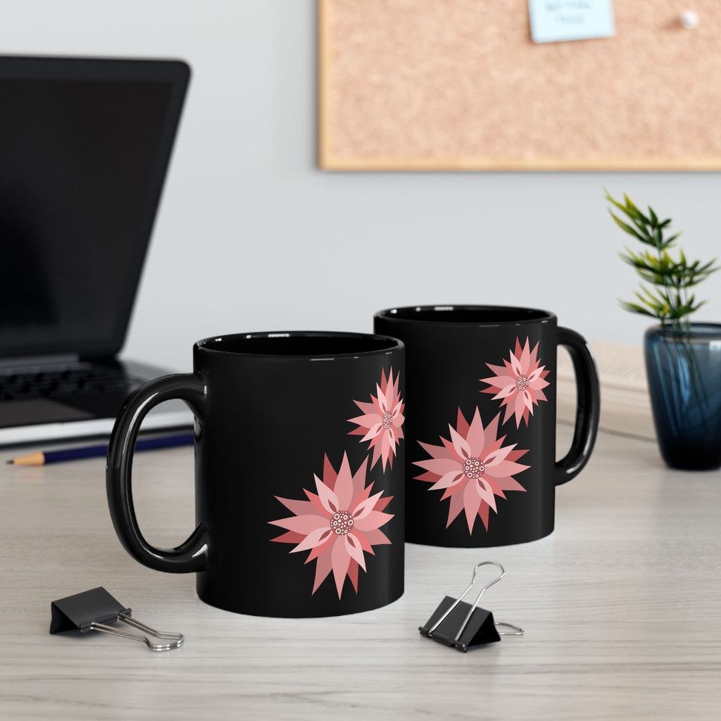Pink Floral Pattern Black Coffee Mug — 11oz & 15oz
