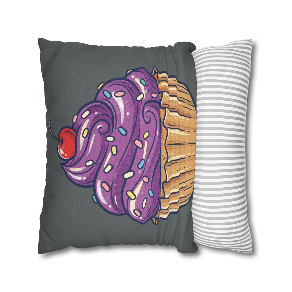 Cupcake Pillowcase — Whimsical Purple Frosting Decorative Throw Pillow- Dark Grey