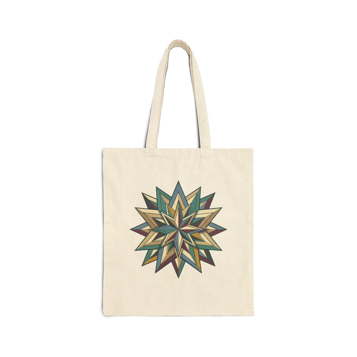 Geometric Starburst Canvas Tote Bag – Boho Green & Gold Quilted Design