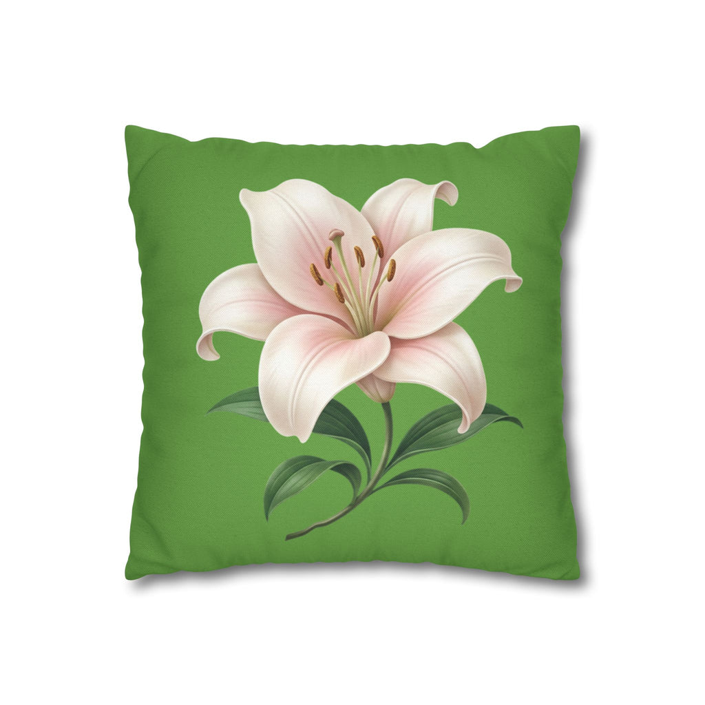 Pink Lily Floral Pillowcase — Green Square Decorative Pillow Cover