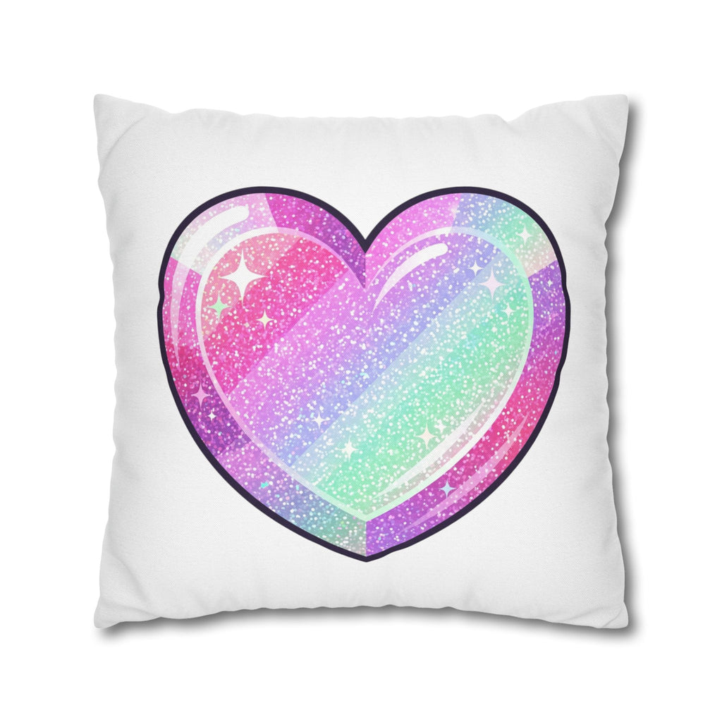 Pastel Glitter Heart Pillowcase — Cute Rainbow Sparkle Decorative Throw Pillow- White