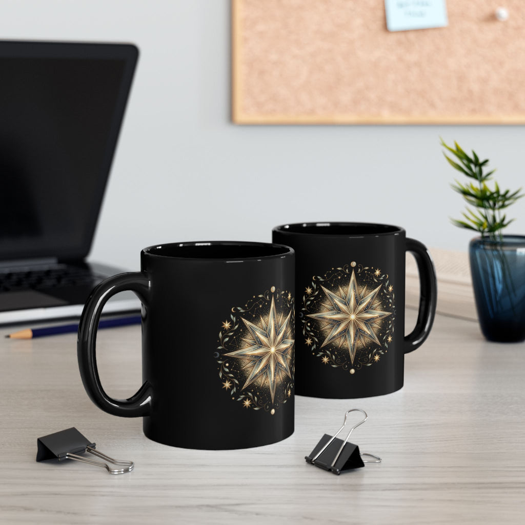 Black Ceramic Mug — Gold Nautical Compass Star Design (11oz/15oz)