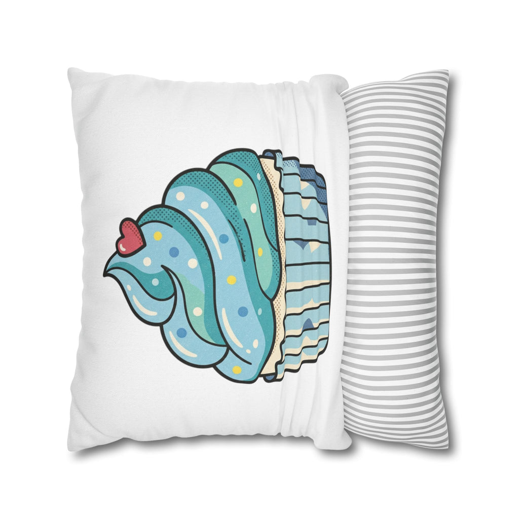 Cupcake Throw Pillowcase — Cute Blue Frosting Decorative Pillow Cover- White