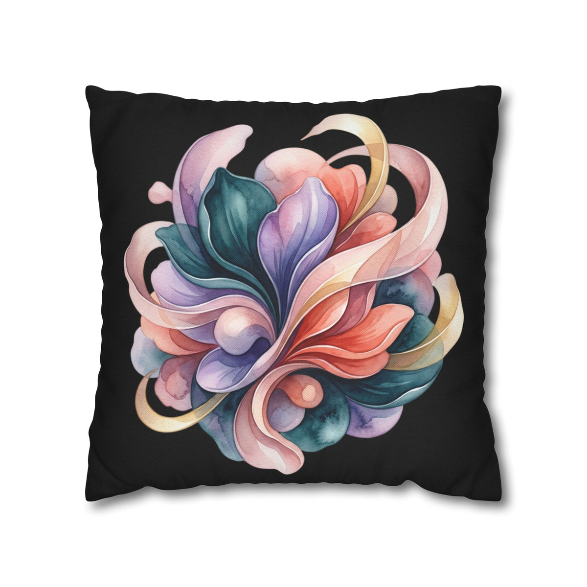 Abstract Floral Throw Pillowcase — Colorful Petal Swirl on Black