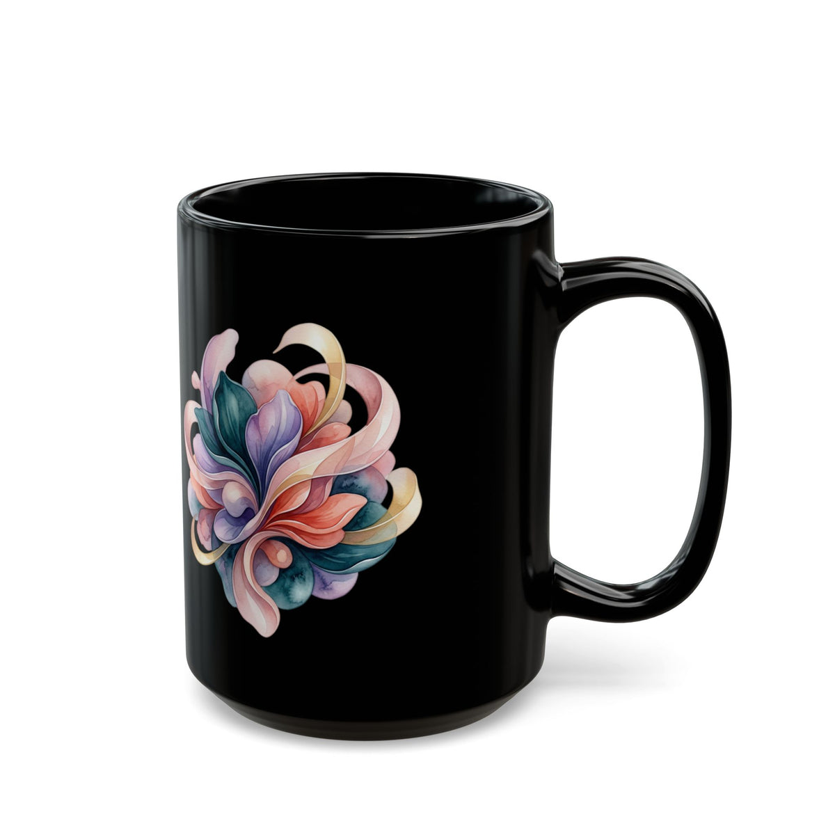 Floral Heart Black Mug — Colorful Watercolor Bouquet Coffee Cup (11oz & 15oz)