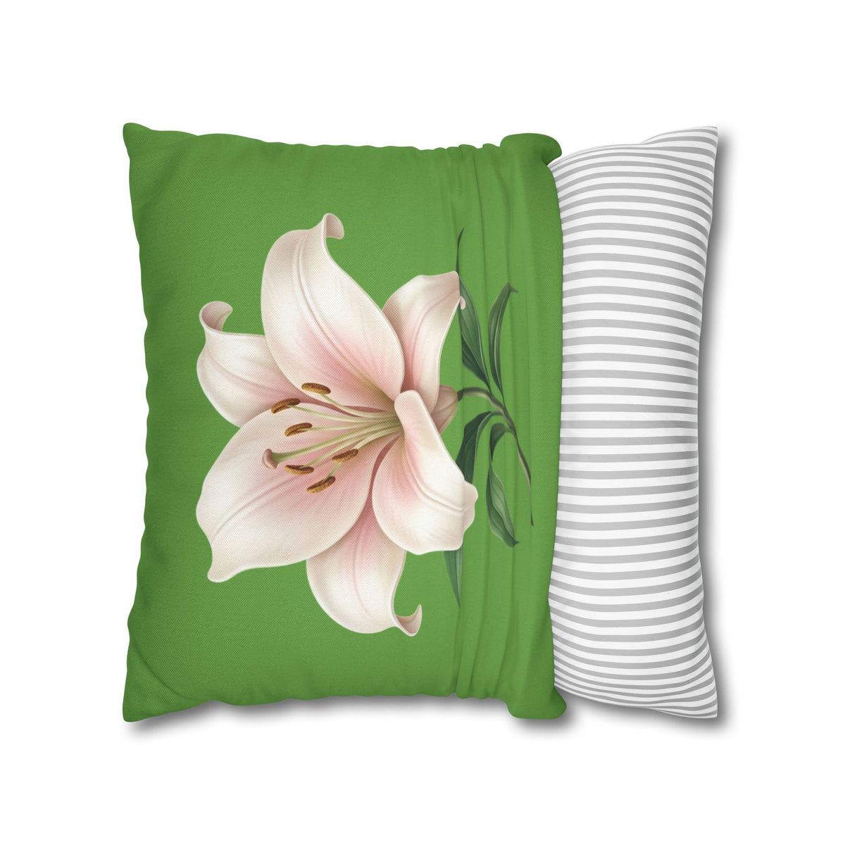 Pink Lily Floral Pillowcase — Green Square Decorative Pillow Cover