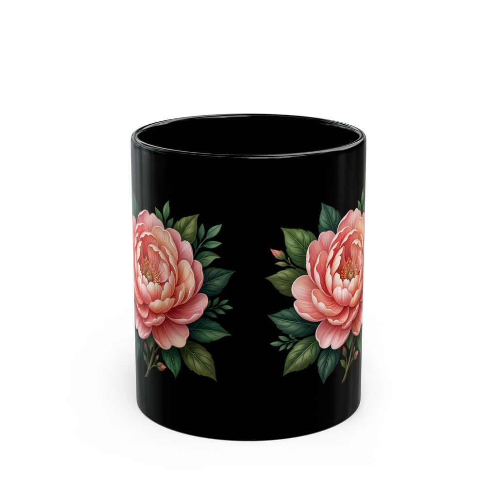 Floral Peony Black Mug — Pink Rose Coffee Cup (11oz, 15oz)