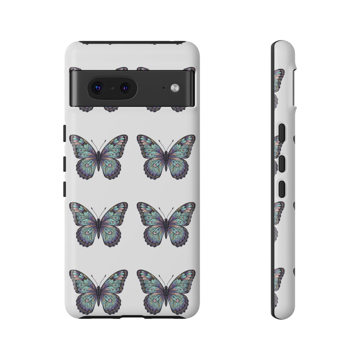 Butterfly Pattern Tough Phone Case — Vintage Teal Floral Protective Cover