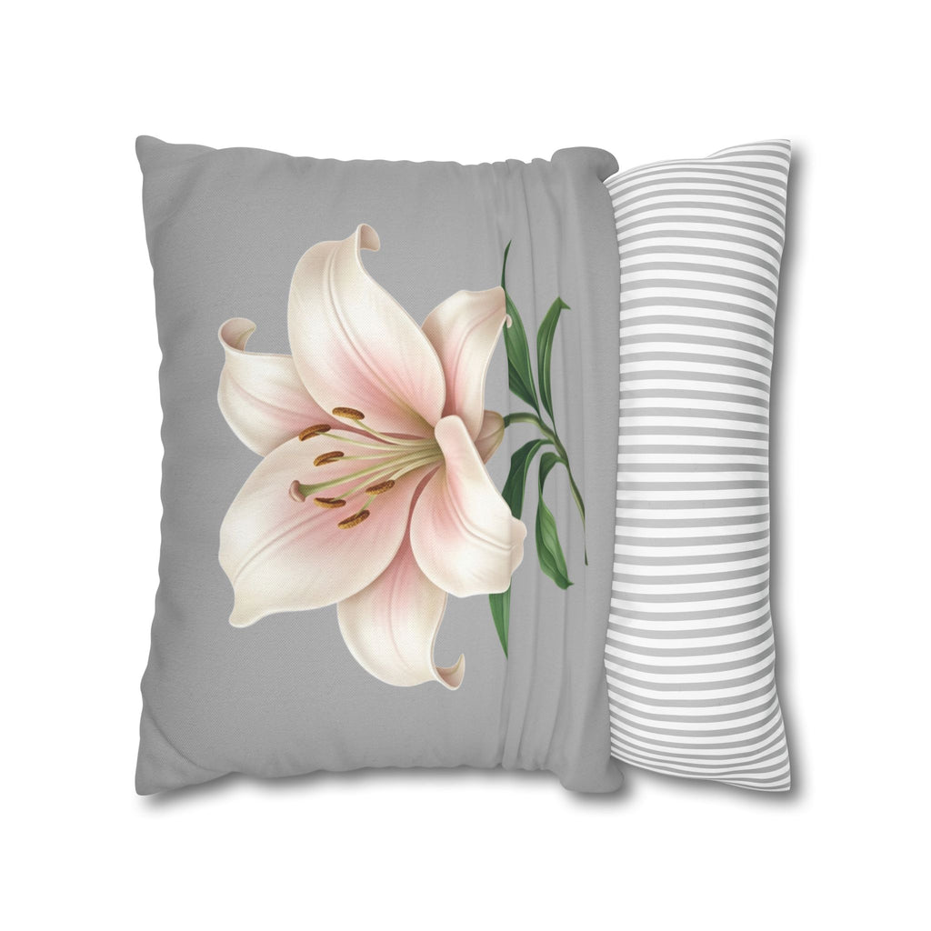 Floral Lily Throw Pillowcase — Pink Lily on Gray Decorative Cushion Cover