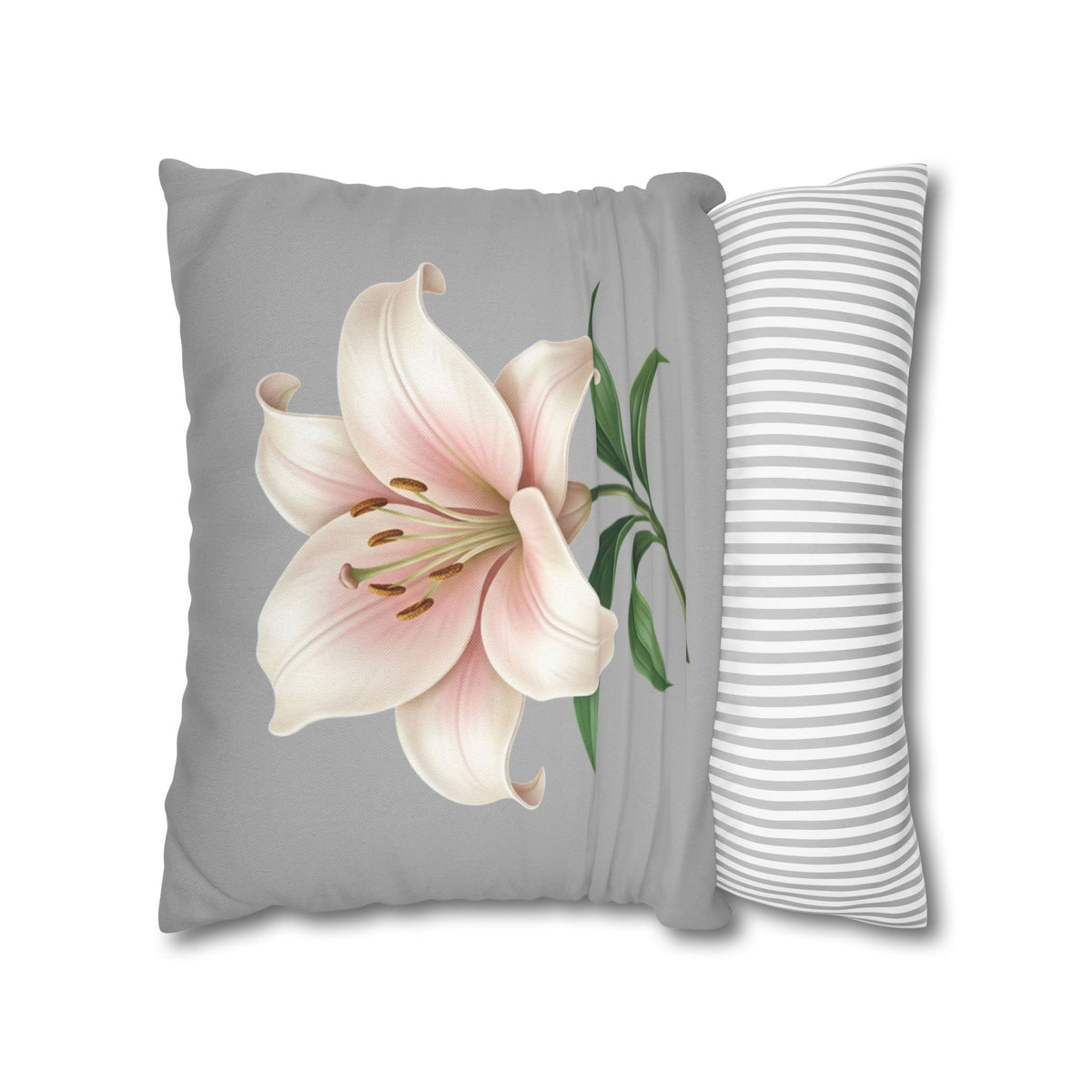 Floral Lily Throw Pillowcase — Pink Lily on Gray Decorative Cushion Cover