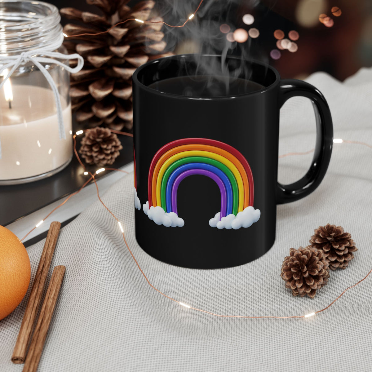 Black Rainbow Mug (11oz/15oz) — Colorful Rainbow & Clouds Coffee Cup