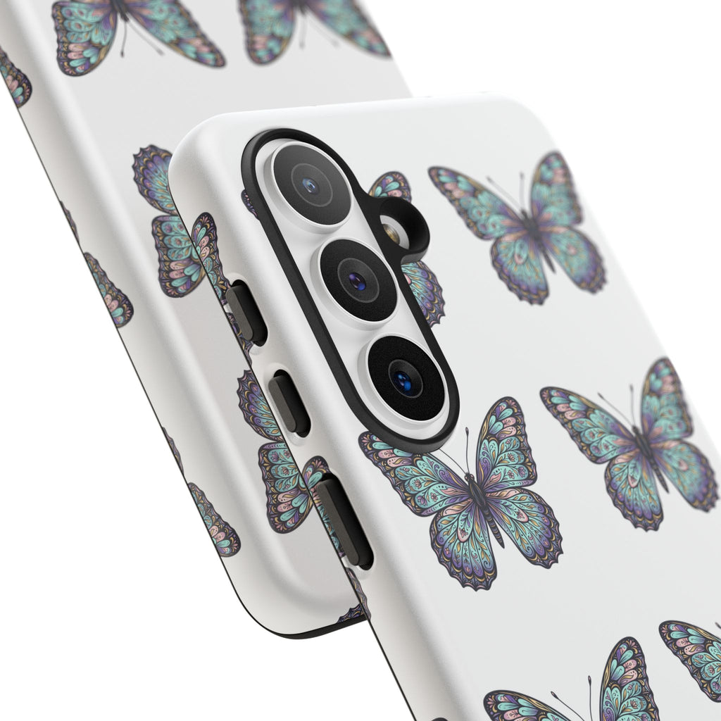 Butterfly Pattern Tough Phone Case — Vintage Teal Floral Protective Cover