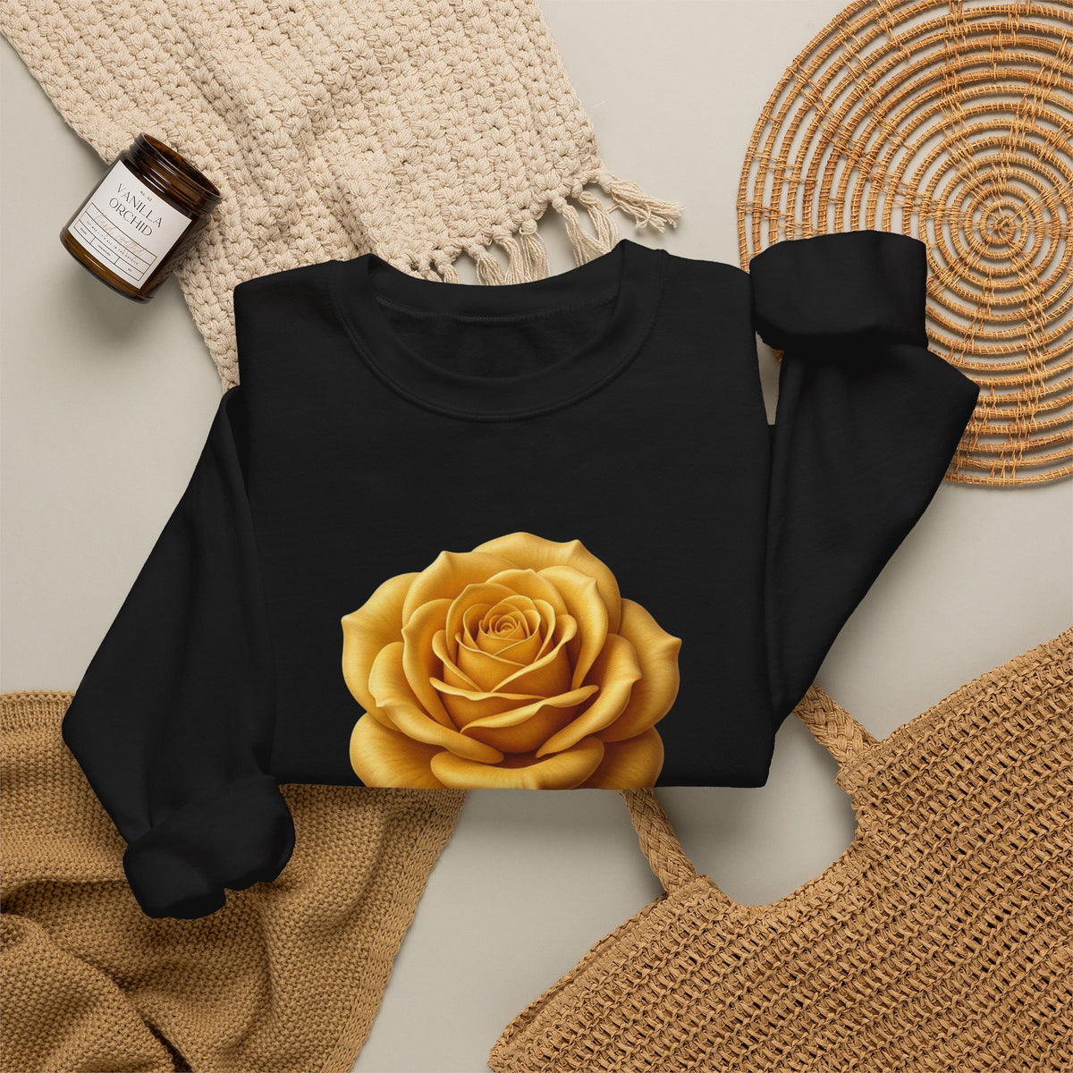 Yellow Rose Crewneck Sweatshirt — Vintage Floral Graphic