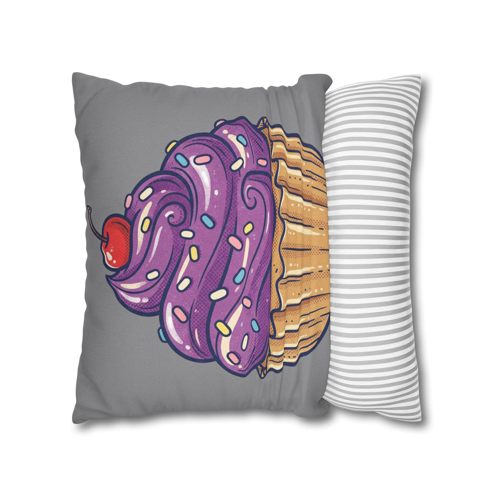 Cupcake Pillowcase — Whimsical Purple Frosting Decorative Throw Pillow- Grey