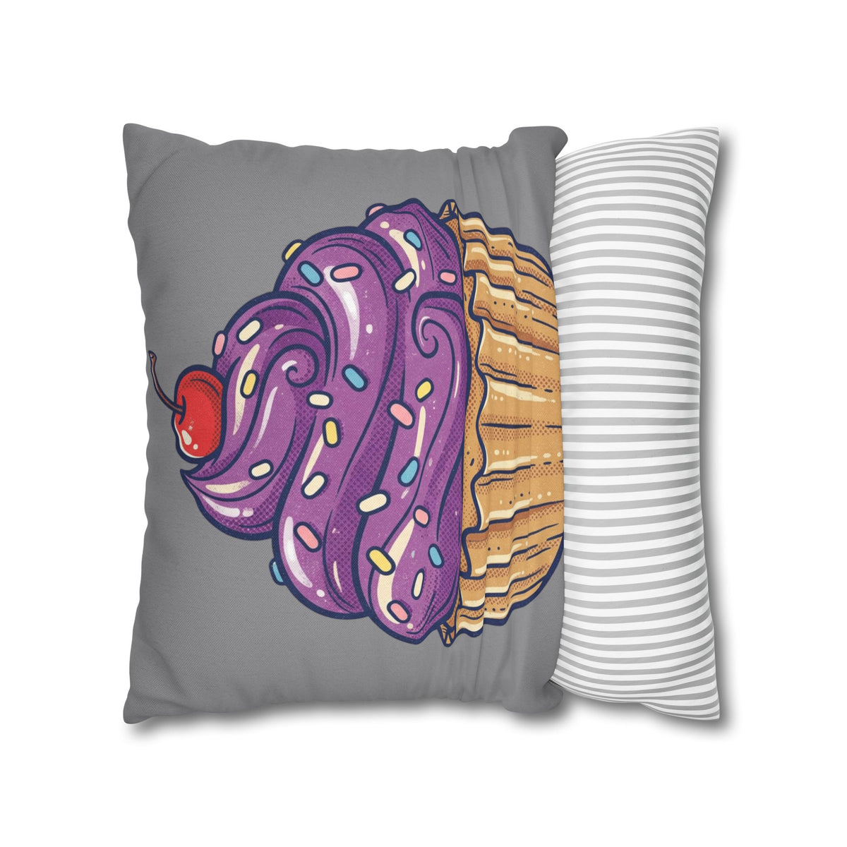 Cupcake Pillowcase — Whimsical Purple Frosting Decorative Throw Pillow- Grey