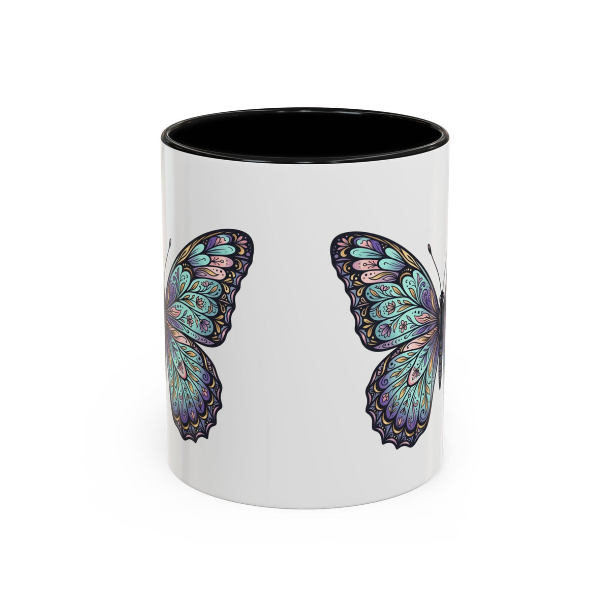 Butterfly Accent Coffee Mug — Teal Mandala Wing Design (11/15oz)