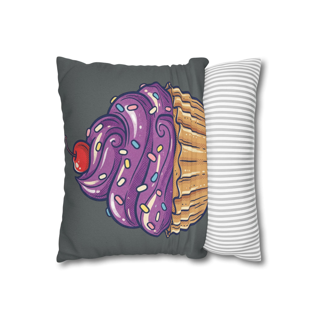 Cupcake Pillowcase — Whimsical Purple Frosting Decorative Throw Pillow- Dark Grey