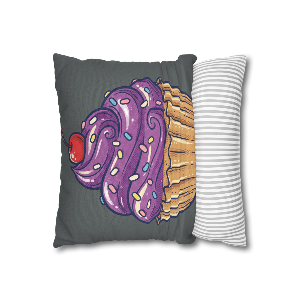 Cupcake Pillowcase — Whimsical Purple Frosting Decorative Throw Pillow- Dark Grey
