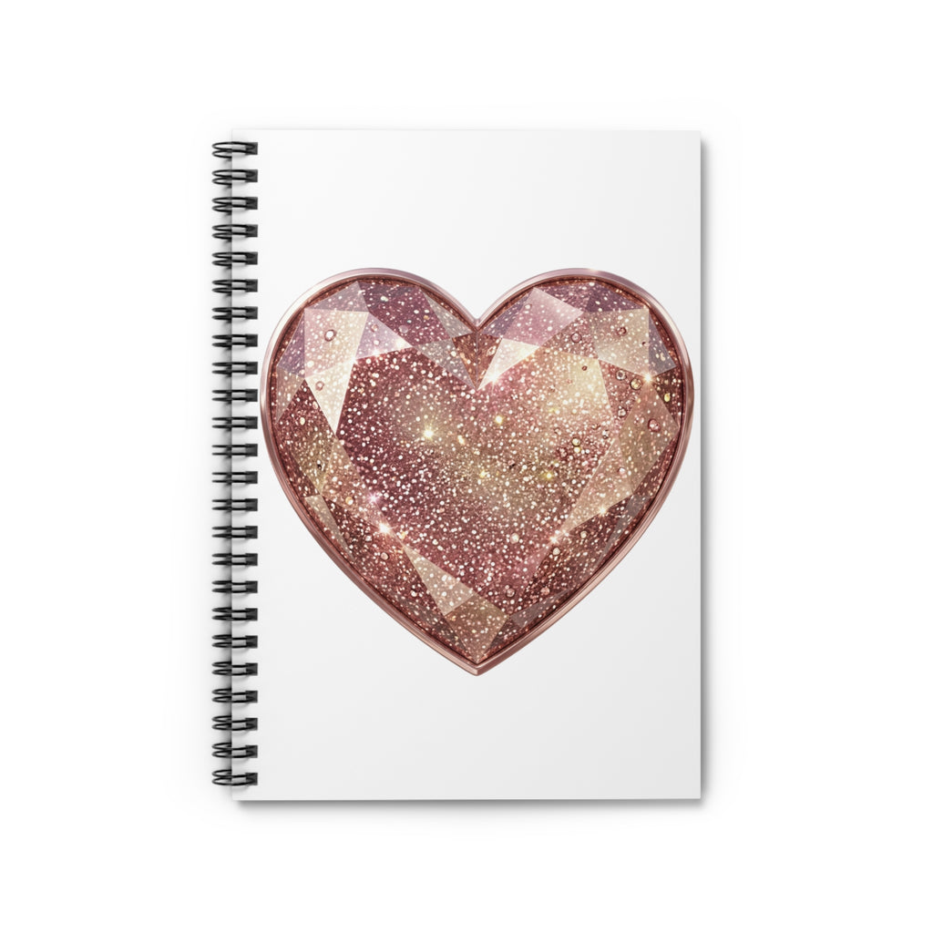 Rose Gold Glitter Gem Heart Spiral Notebook — Ruled Journal for Notes & Gifts- White
