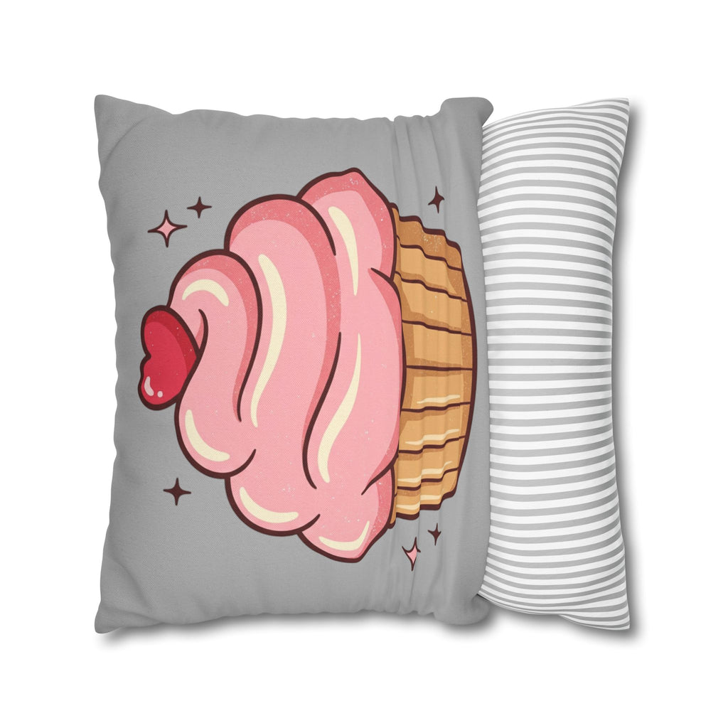 Pink Cupcake Spun Polyester Square Pillowcase- Light Grey