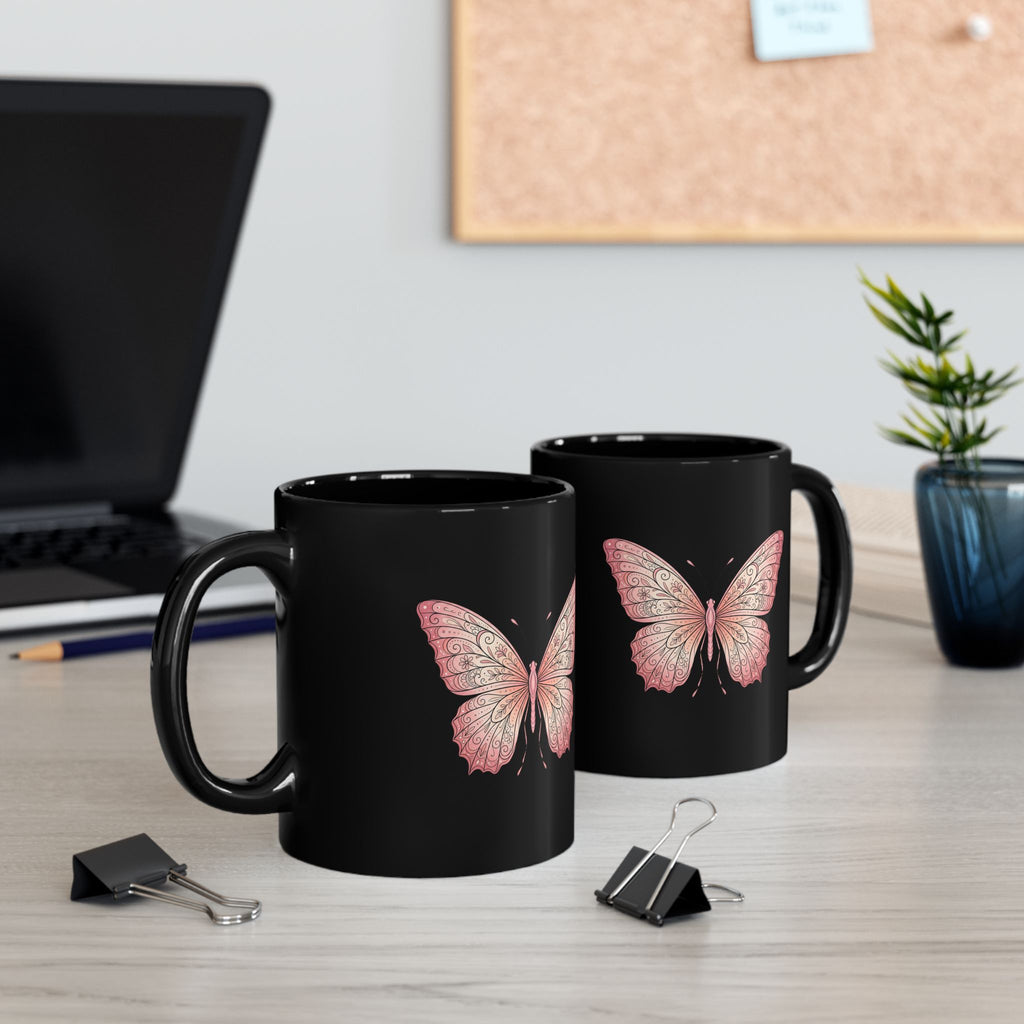 Pink Butterfly Black Mug — Elegant Floral Butterfly Ceramic Coffee Cup (11oz/15oz)