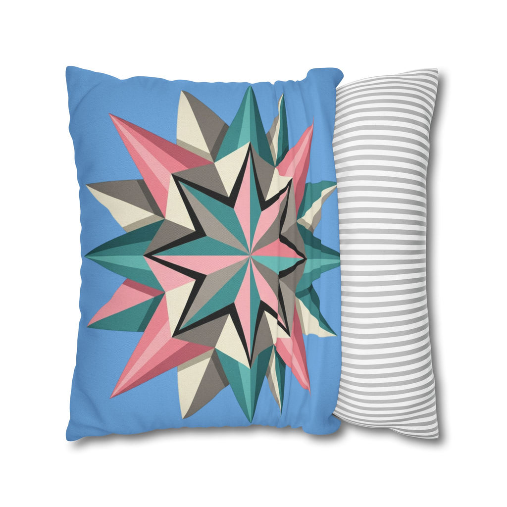 Geometric Starburst Throw Pillowcase – Pastel Compass Design on Sky Blue