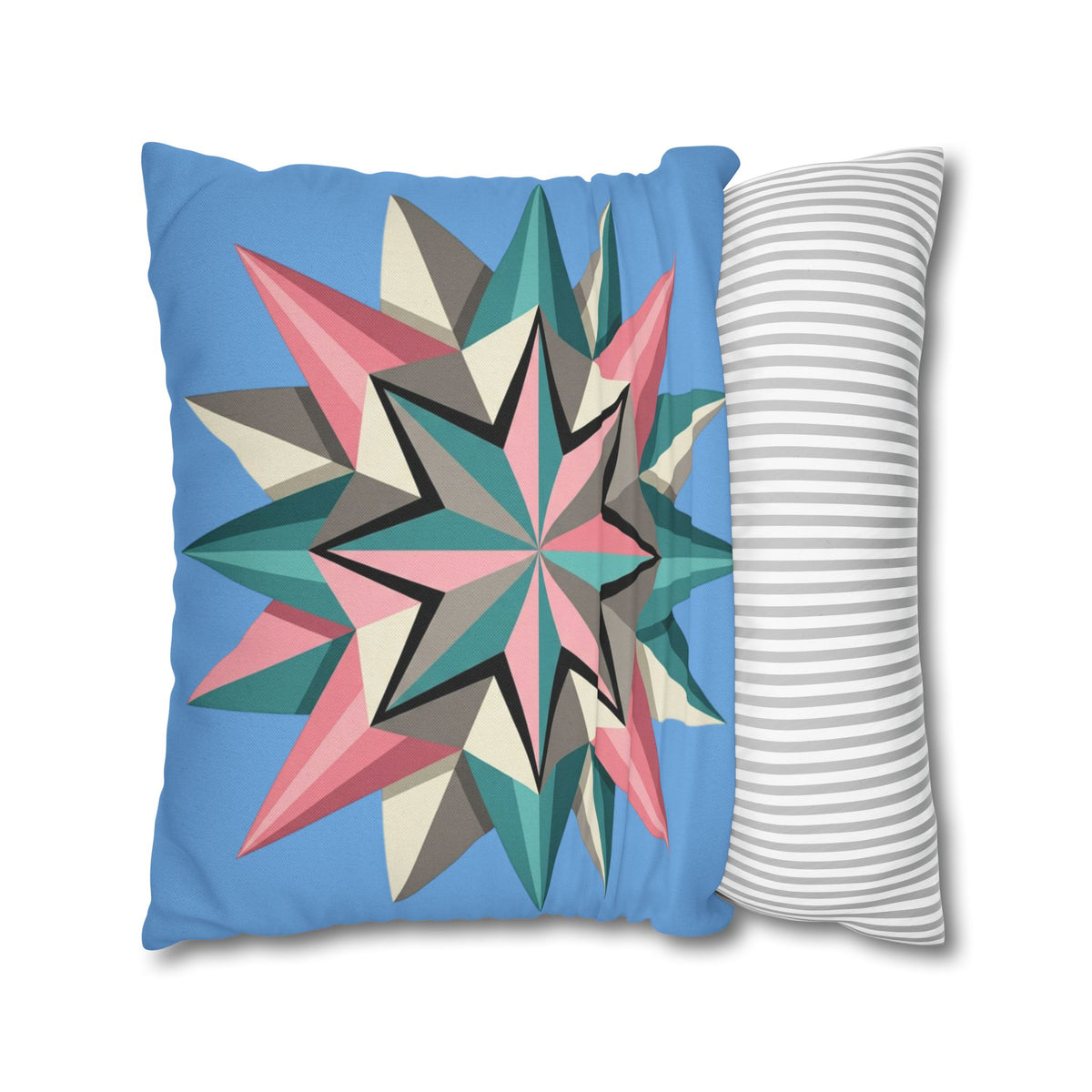 Geometric Starburst Throw Pillowcase – Pastel Compass Design on Sky Blue