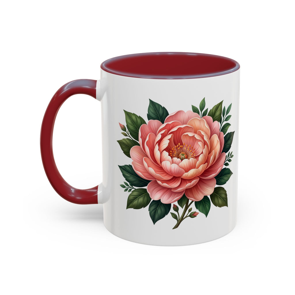 Floral Peony Accent Coffee Mug — Pink Rose Bloom Ceramic Cup