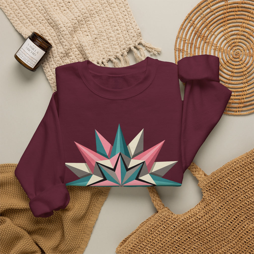 Geometric Starburst Crewneck Sweatshirt — Pink Teal Modern Compass Design