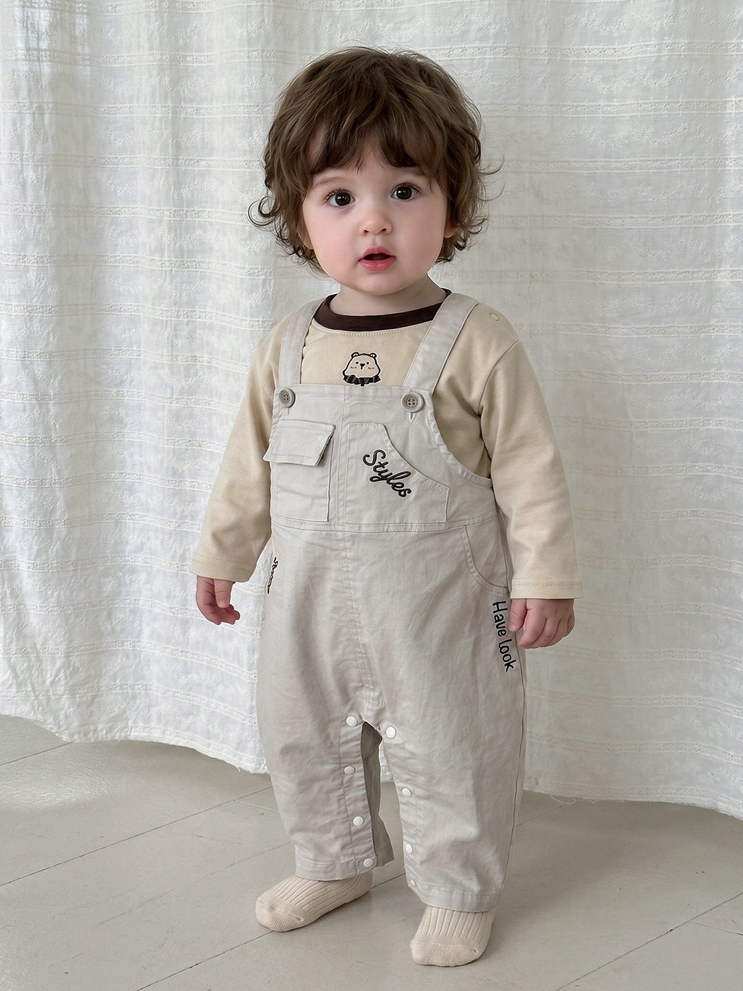Soft Cartoon Long Sleeve T-Shirt Two-Piece Set, 1-Year-Old Boy Bib Pants Autumn