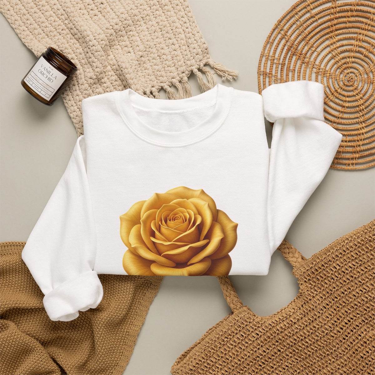 Yellow Rose Crewneck Sweatshirt — Vintage Floral Graphic