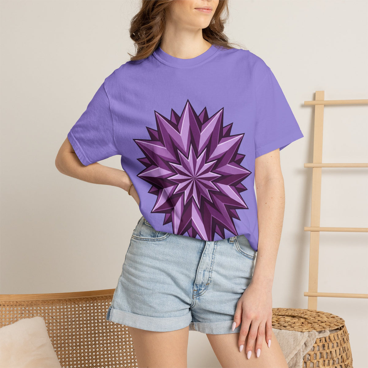 Purple Geometric Starburst T-Shirt — Bold 3D Floral Graphic Tee