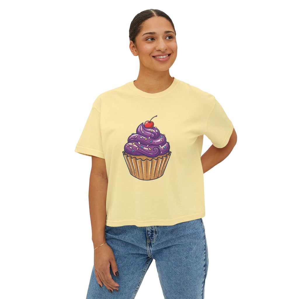 Cupcake Graphic Boxy Tee — Cute Purple Frosting Women's T-Shirt