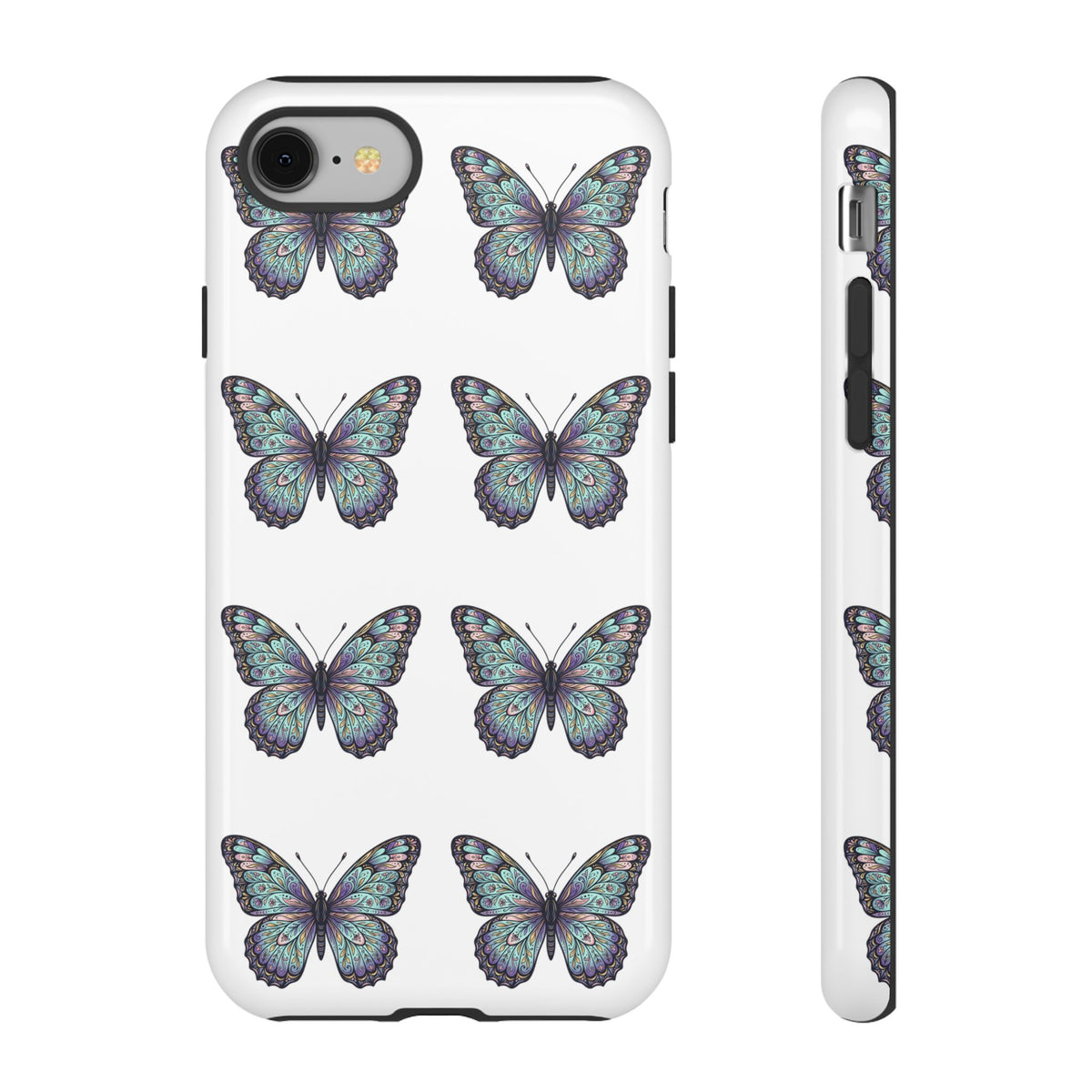 Butterfly Pattern Tough Phone Case — Vintage Teal Floral Protective Cover