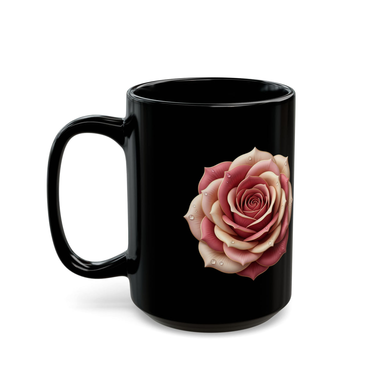 Black Rose Mug — Elegant Pink Rose on Black Ceramic (11oz & 15oz)