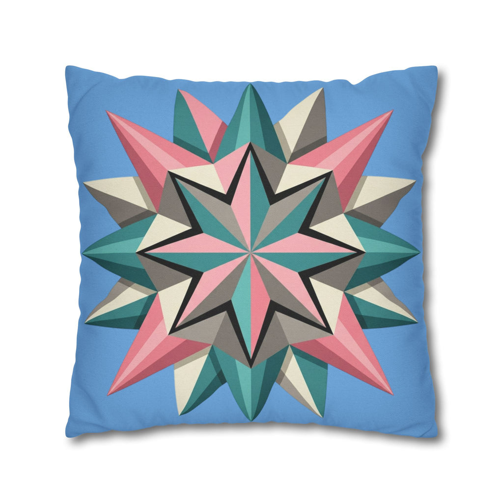 Geometric Starburst Throw Pillowcase – Pastel Compass Design on Sky Blue