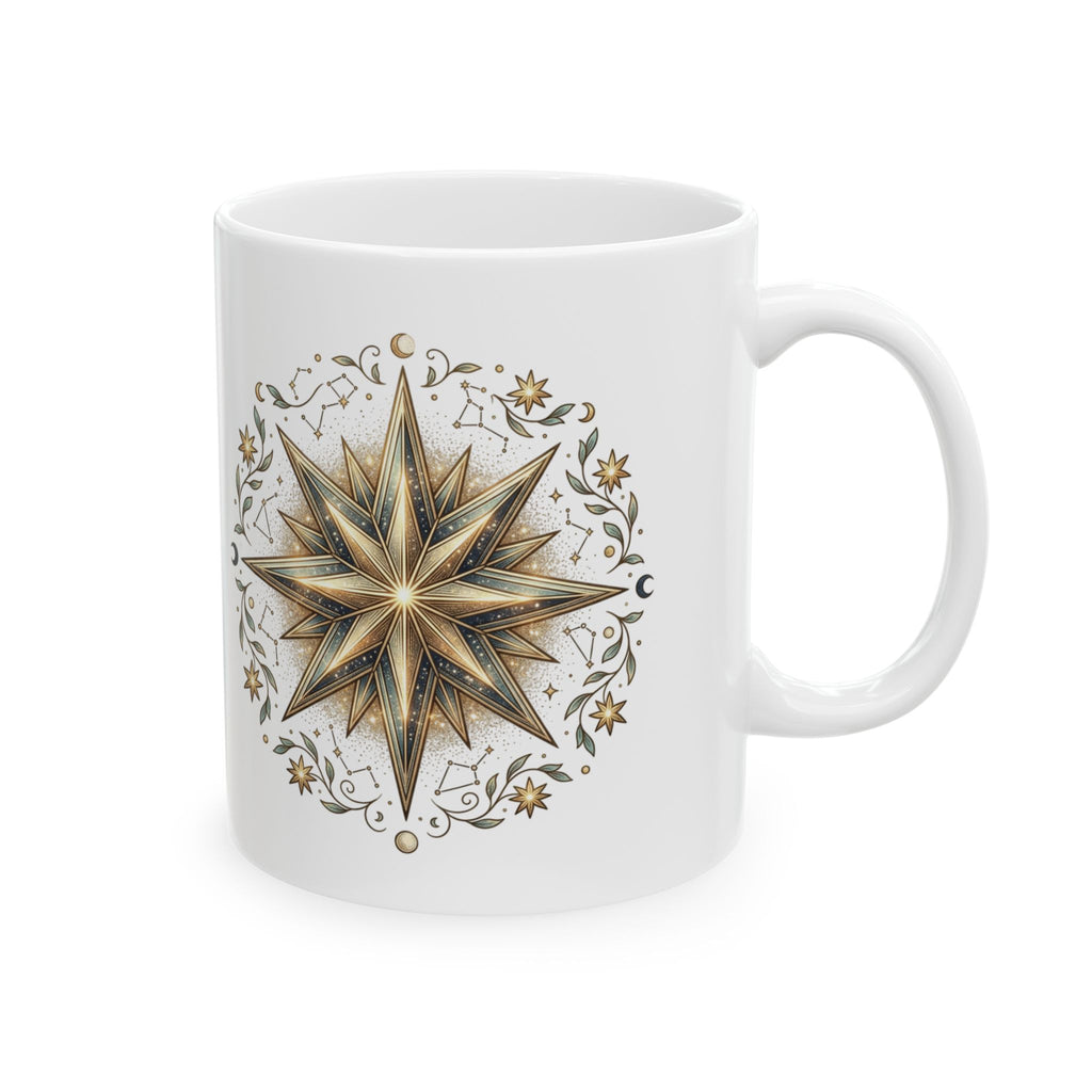 Boho Compass Ceramic Mug – Gold Sun Mandala Coffee Cup (11oz & 15oz)