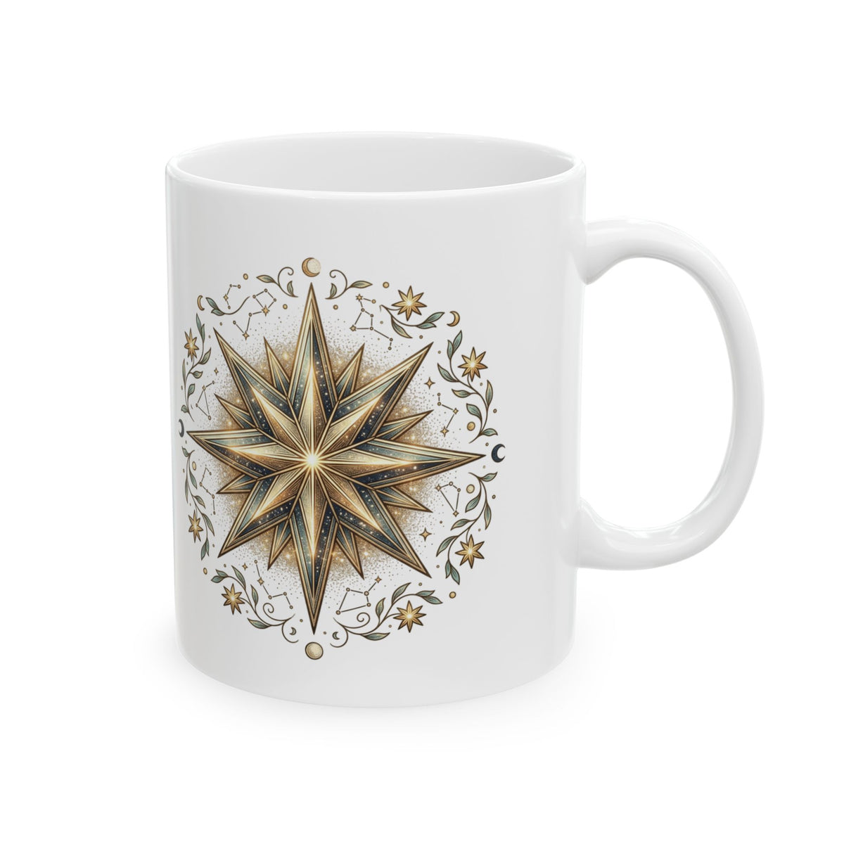 Boho Compass Ceramic Mug – Gold Sun Mandala Coffee Cup (11oz & 15oz)