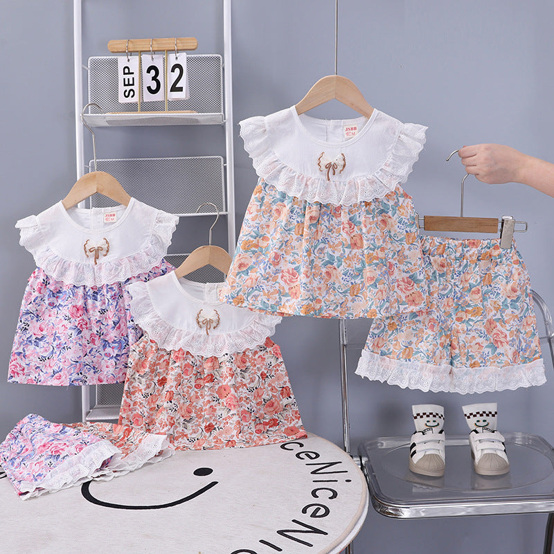 Summer clothes big flower short sleeved two-piece set
